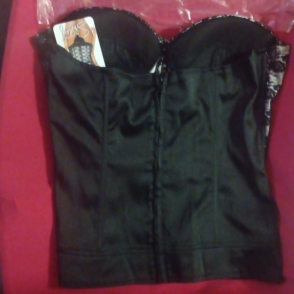 Shirley Of Hollywood Stretchy White Satin W/Black Lace & Sequins Corset (L) - Picture 11 of 11